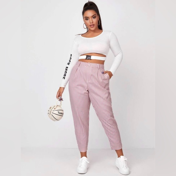 NWOT Gingham Slant Artsy Pocket Pants Pink and White Checkered Sz 1XL(14) - Picture 2 of 9